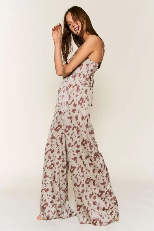 Olive Brown Animal Print Spaghetti Strap Tie Back Jumpsuit