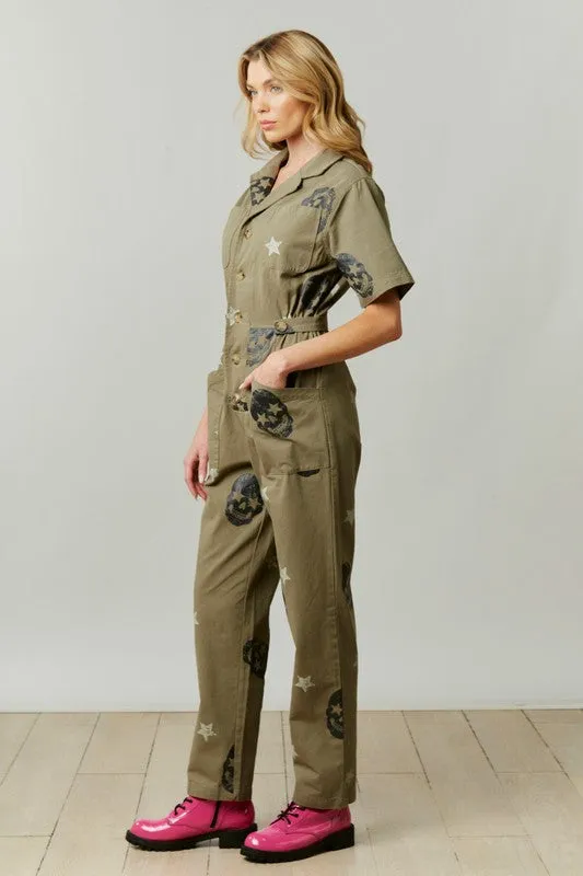 Olive Skull Print Twill Jumpsuit