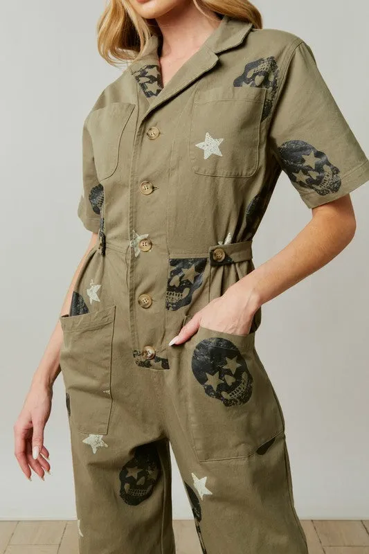 Olive Skull Print Twill Jumpsuit