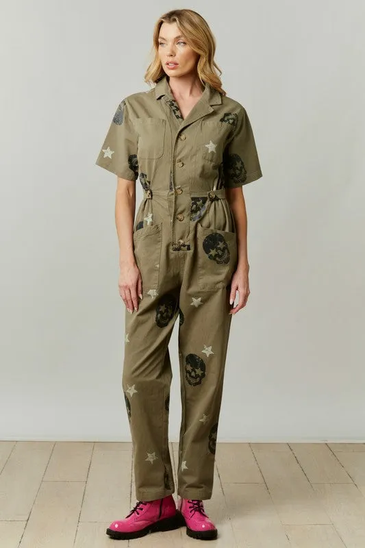 Olive Skull Print Twill Jumpsuit