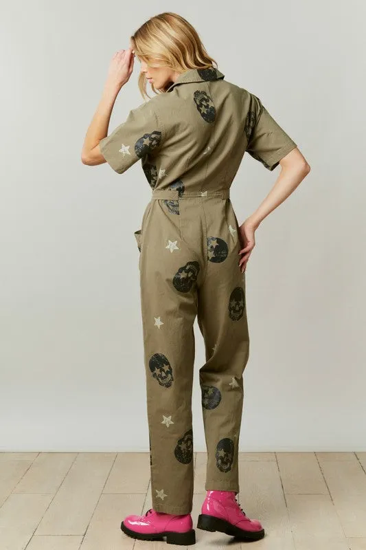 Olive Skull Print Twill Jumpsuit