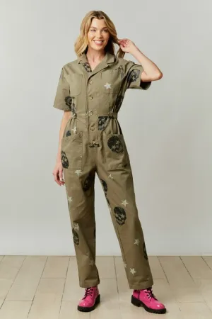 Olive Skull Print Twill Jumpsuit