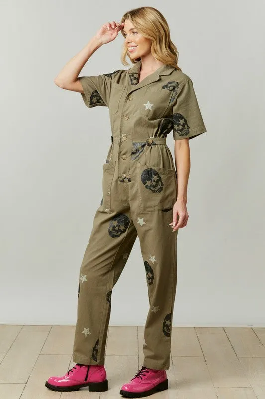 Olive Skull Print Twill Jumpsuit
