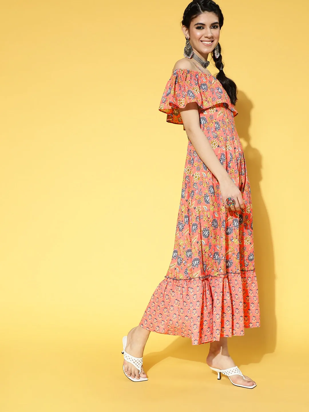 Peach-Coloured & Blue Floral Printed Dress
