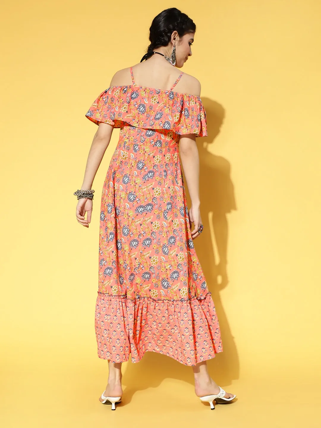 Peach-Coloured & Blue Floral Printed Dress