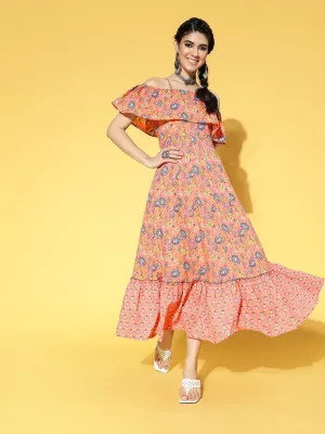 Peach-Coloured & Blue Floral Printed Dress