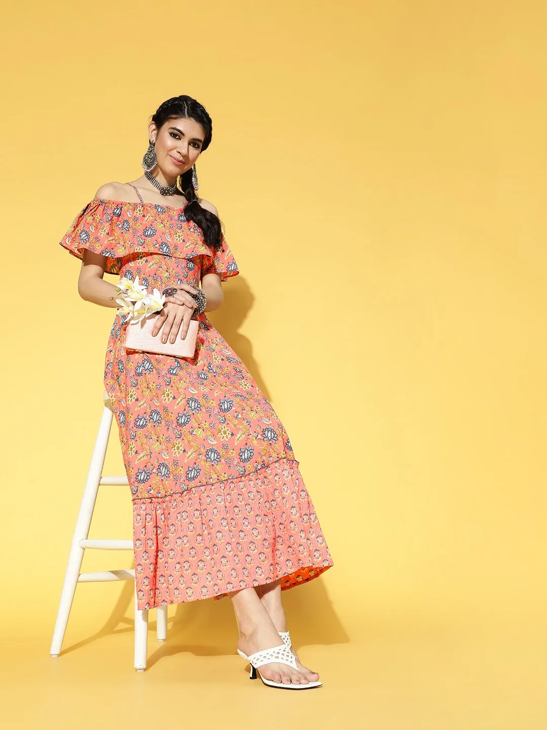 Peach-Coloured & Blue Floral Printed Dress