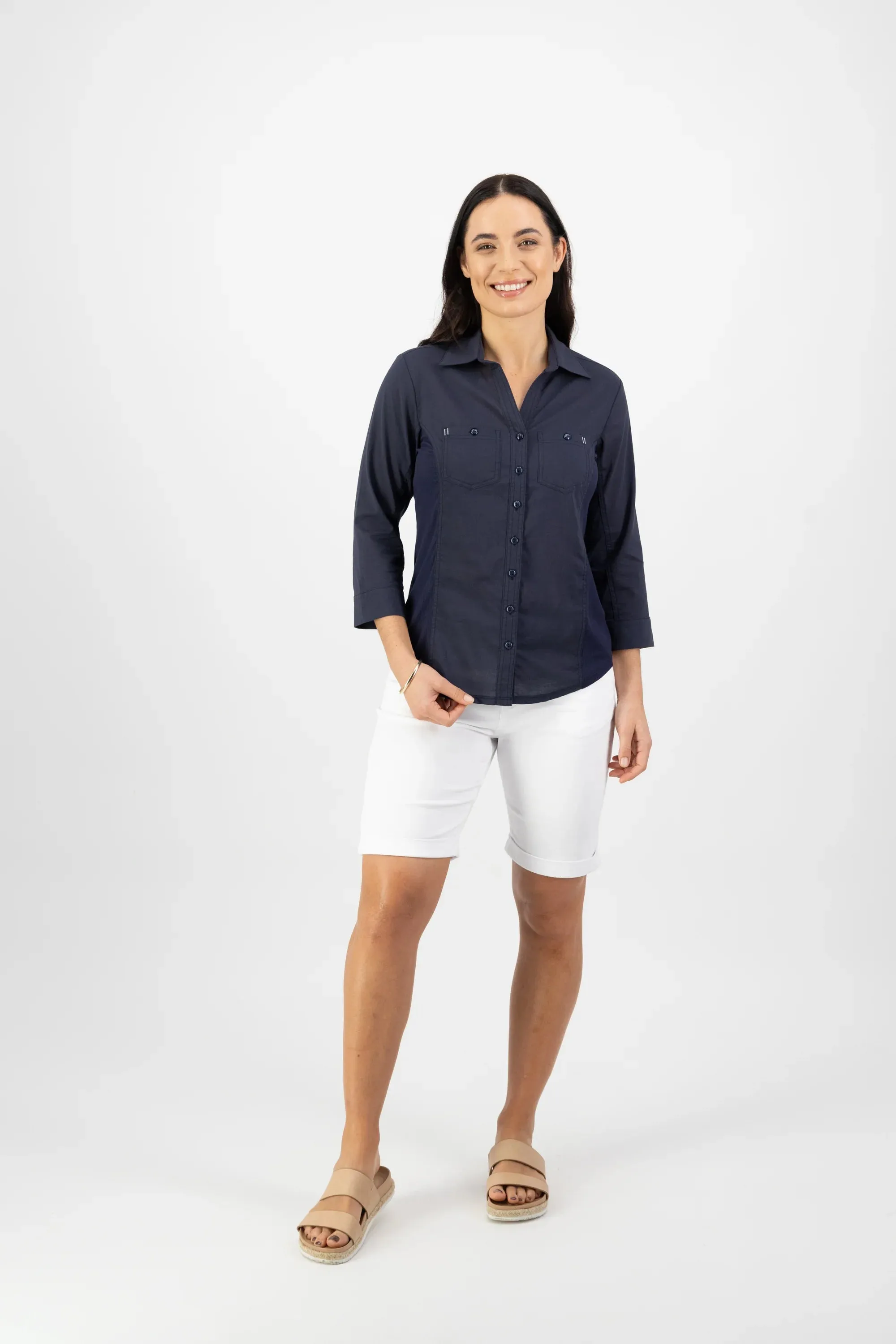 Plain Button Up Shirt with Rib Panels - Ink - VASSALLI