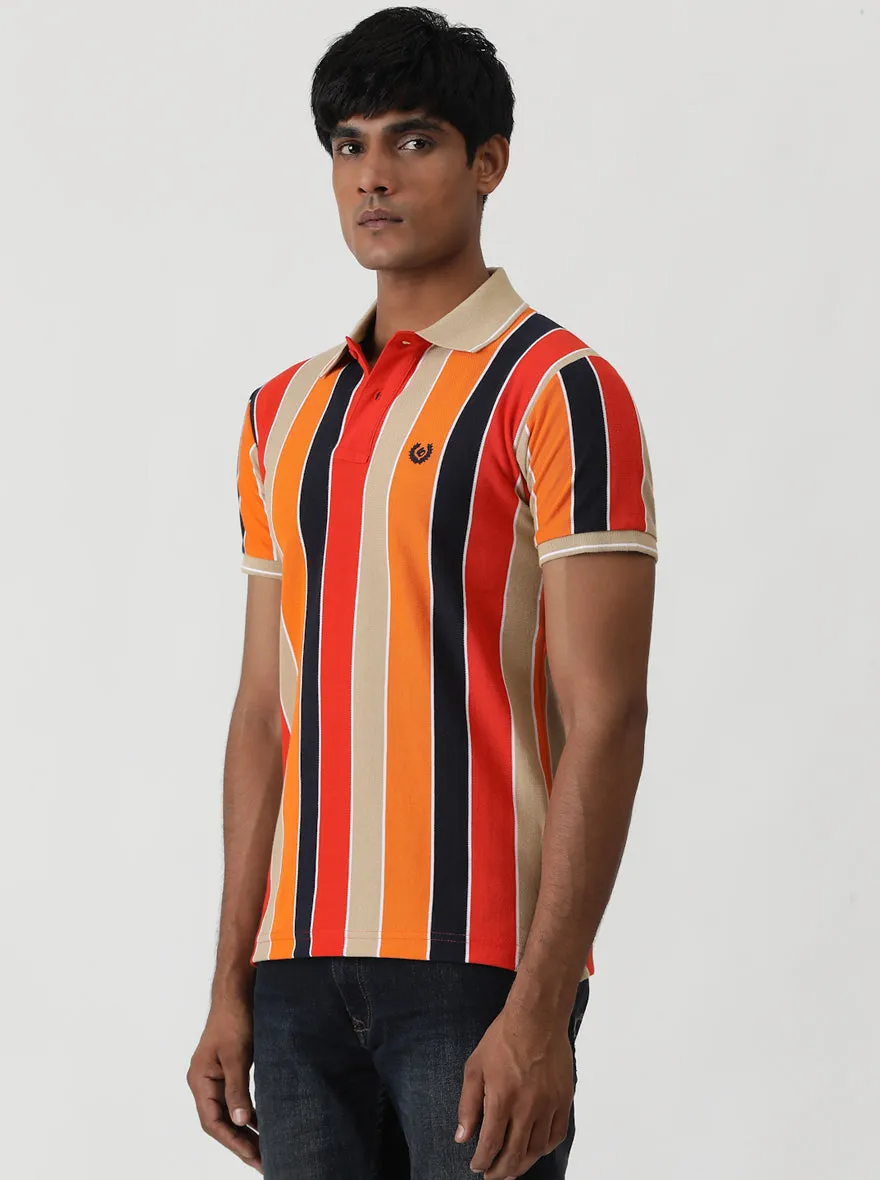 Red & Orange Striped Slim Fit Polo T-Shirt | Greenfibre