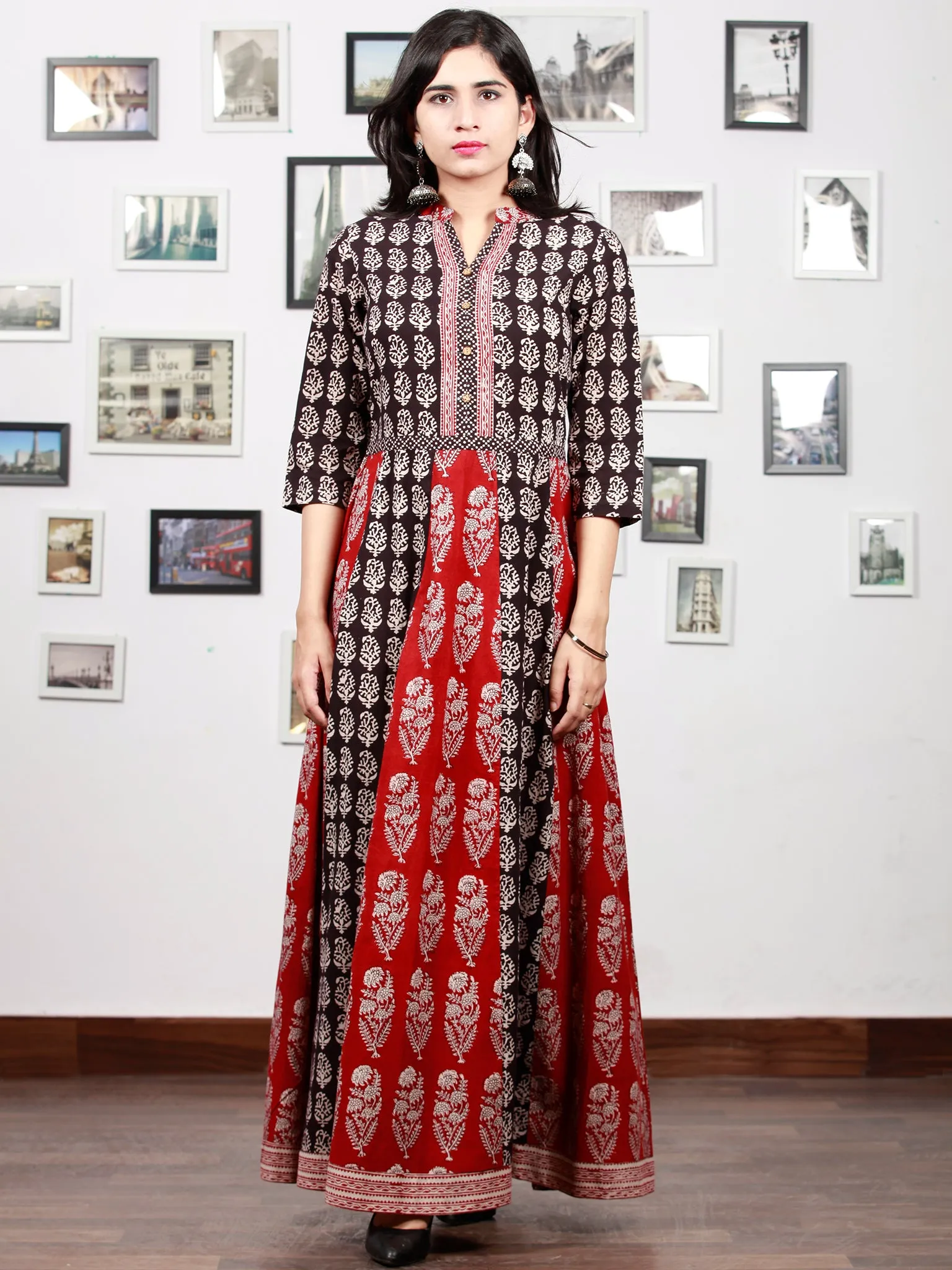 Red White Black Bagh Printed Panel Cotton Long Dress With Stand Collar  - D294F1710