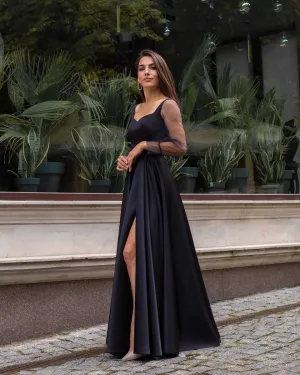 Rochie neagră de seară lungă din satin regal cu șliț