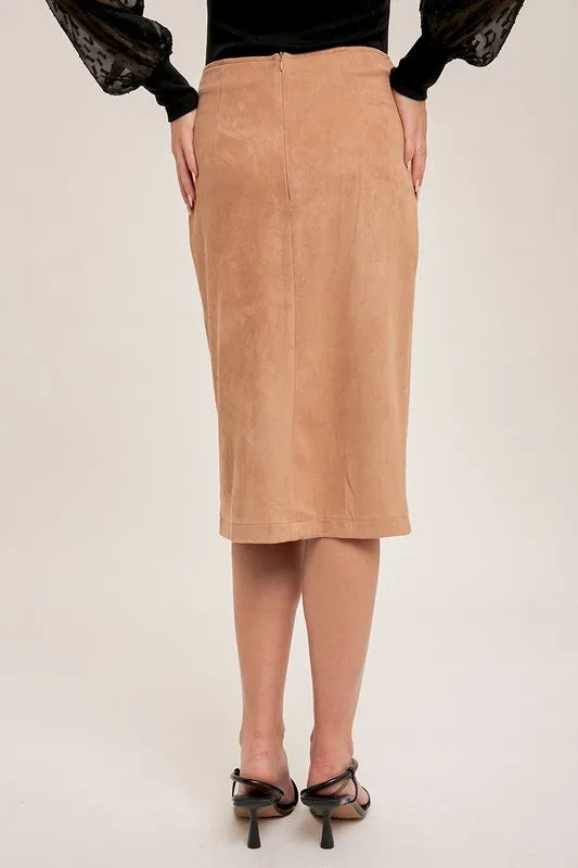 Suede Midi Skirt-Camel