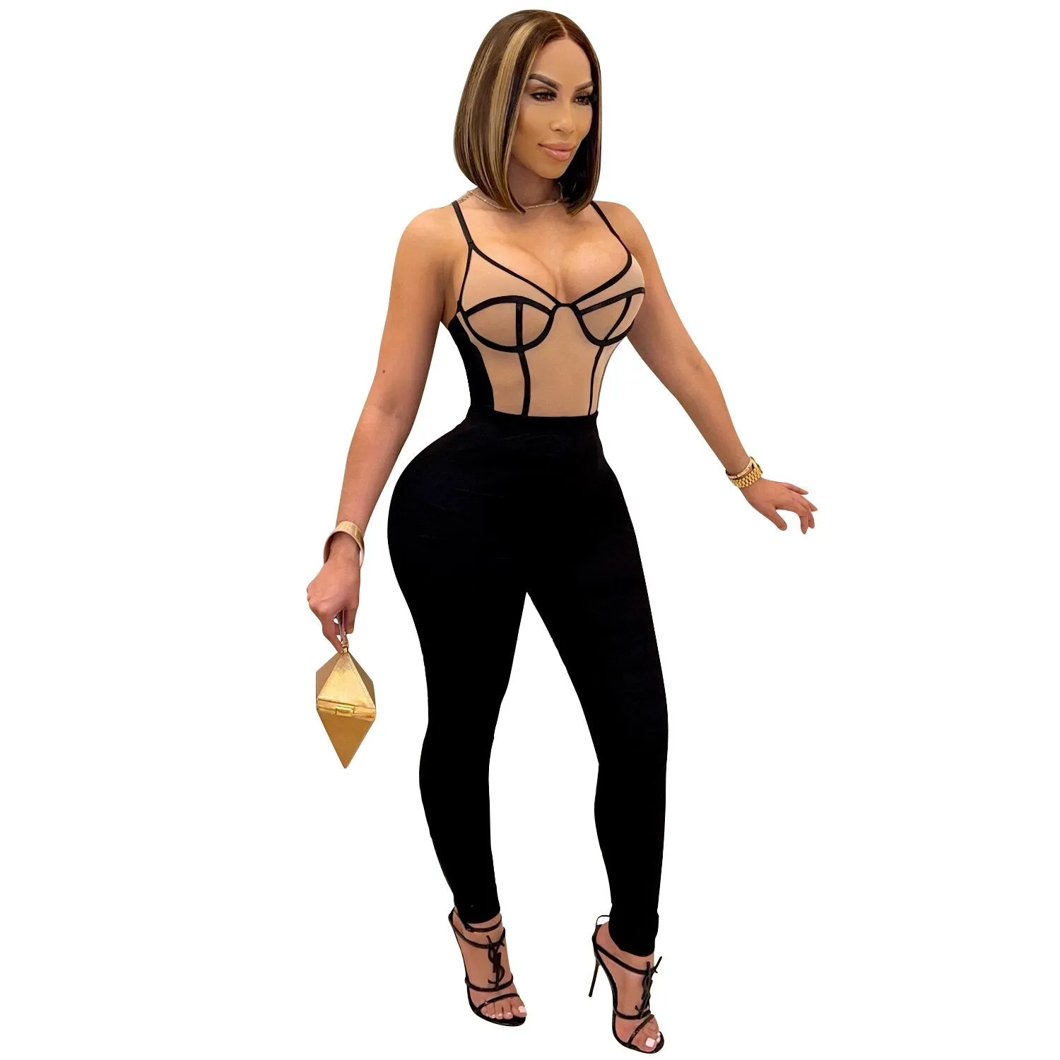 SUJYing 2021 Women's Fashion Sexy Tight Pants Sleeveless Night Club Chic Spliced Milk Stretch Halterbelt Jumpsuit
