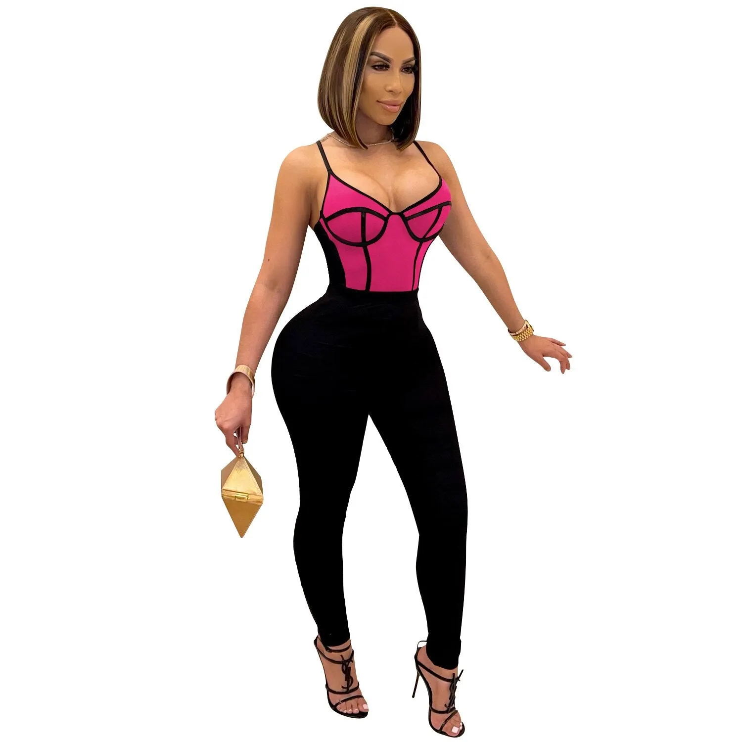 SUJYing 2021 Women's Fashion Sexy Tight Pants Sleeveless Night Club Chic Spliced Milk Stretch Halterbelt Jumpsuit