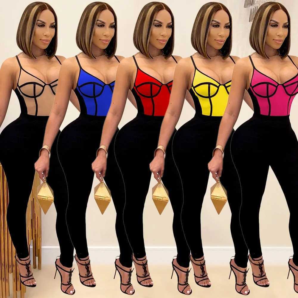 SUJYing 2021 Women's Fashion Sexy Tight Pants Sleeveless Night Club Chic Spliced Milk Stretch Halterbelt Jumpsuit