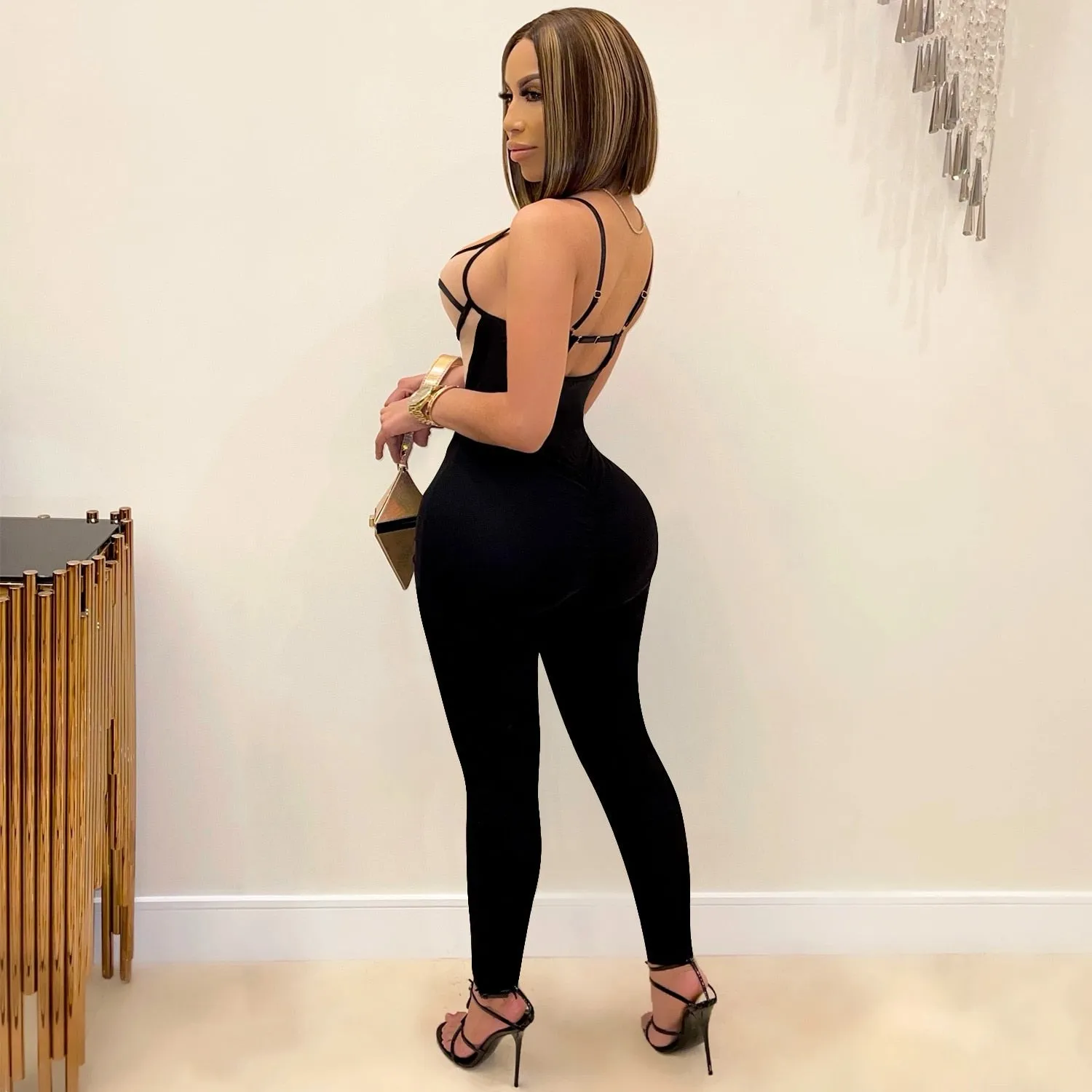 SUJYing 2021 Women's Fashion Sexy Tight Pants Sleeveless Night Club Chic Spliced Milk Stretch Halterbelt Jumpsuit