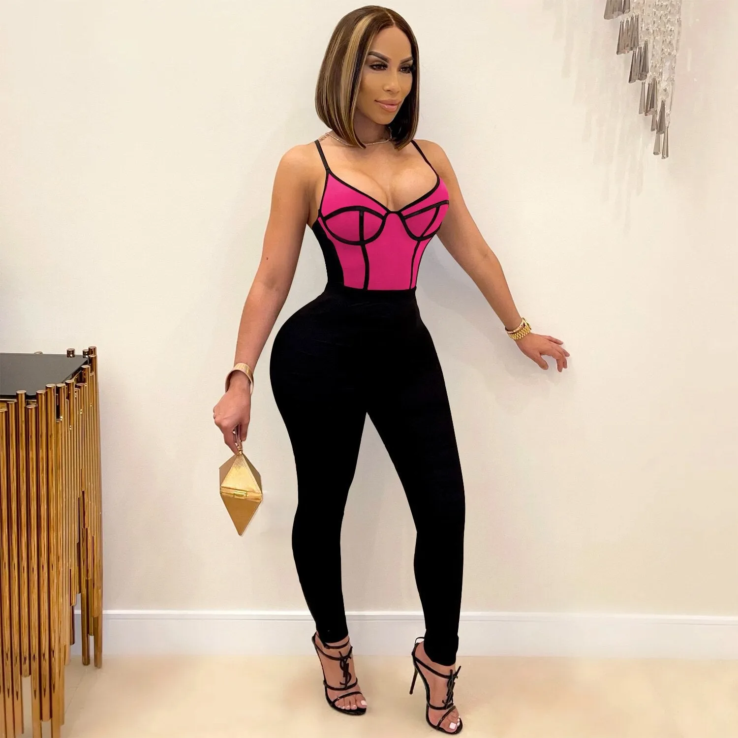 SUJYing 2021 Women's Fashion Sexy Tight Pants Sleeveless Night Club Chic Spliced Milk Stretch Halterbelt Jumpsuit