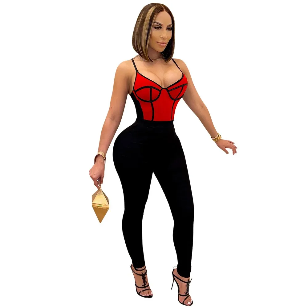 SUJYing 2021 Women's Fashion Sexy Tight Pants Sleeveless Night Club Chic Spliced Milk Stretch Halterbelt Jumpsuit