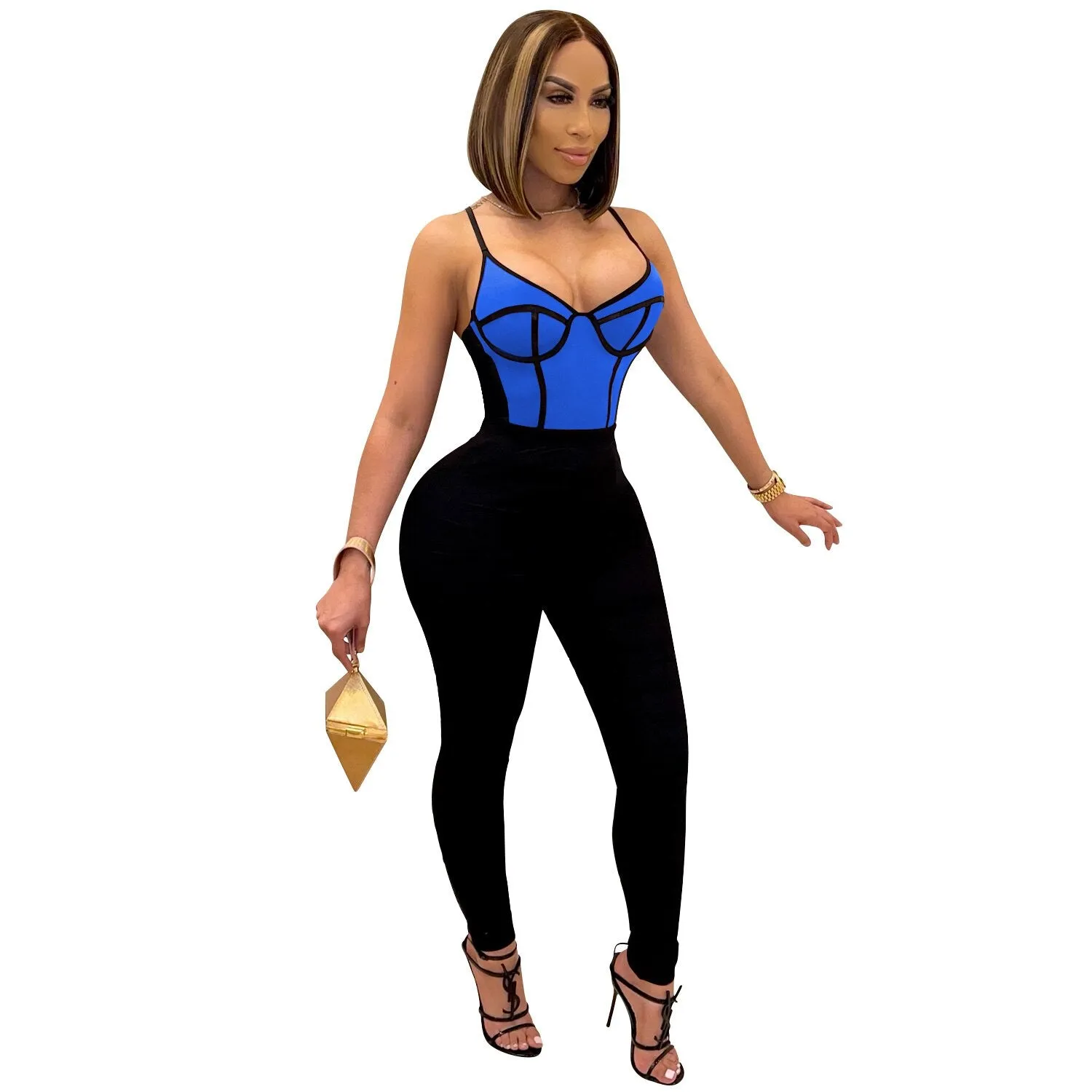 SUJYing 2021 Women's Fashion Sexy Tight Pants Sleeveless Night Club Chic Spliced Milk Stretch Halterbelt Jumpsuit