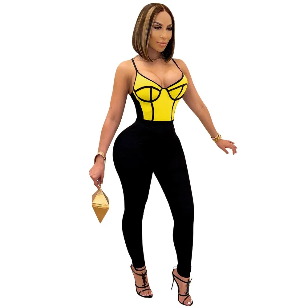 SUJYing 2021 Women's Fashion Sexy Tight Pants Sleeveless Night Club Chic Spliced Milk Stretch Halterbelt Jumpsuit