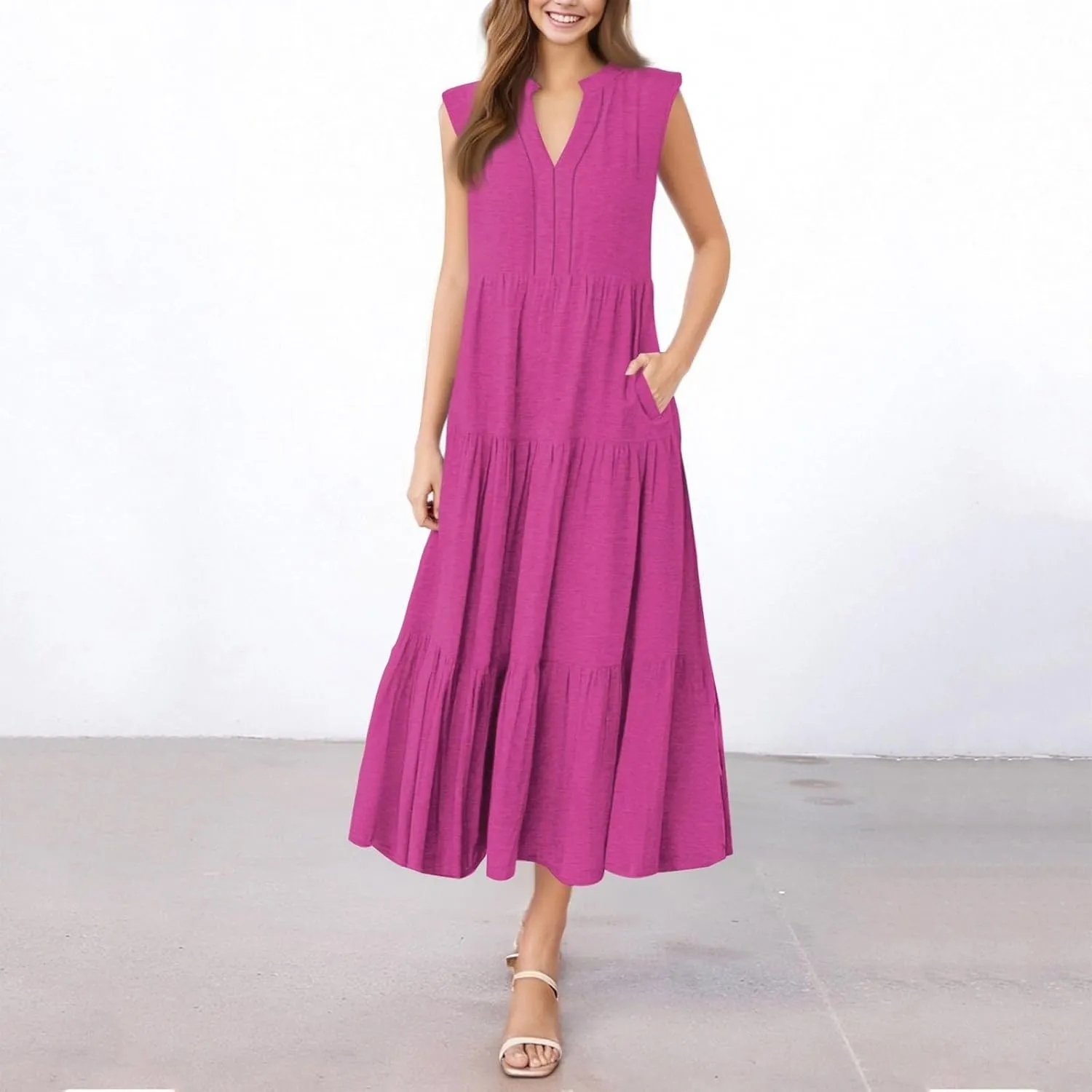 Summer Dresses for Women 2025 Casual Boho Maxi Sundresses Sleeveless V-Neck Pleated Dresses Beach Vacation Tank Dress