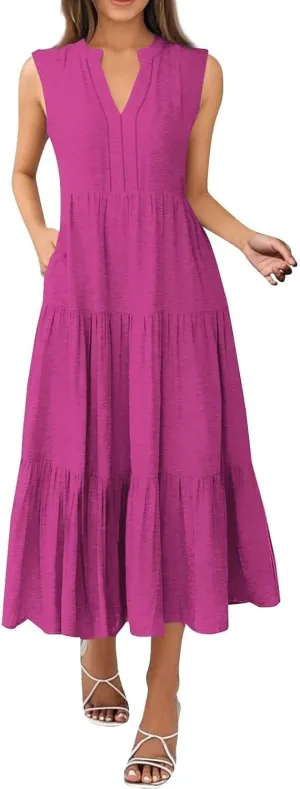 Summer Dresses for Women 2025 Casual Boho Maxi Sundresses Sleeveless V-Neck Pleated Dresses Beach Vacation Tank Dress