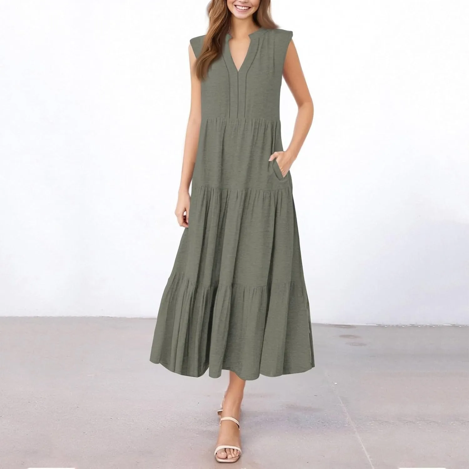 Summer Dresses for Women 2025 Casual Boho Maxi Sundresses Sleeveless V-Neck Pleated Dresses Beach Vacation Tank Dress