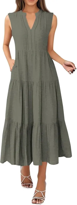 Summer Dresses for Women 2025 Casual Boho Maxi Sundresses Sleeveless V-Neck Pleated Dresses Beach Vacation Tank Dress