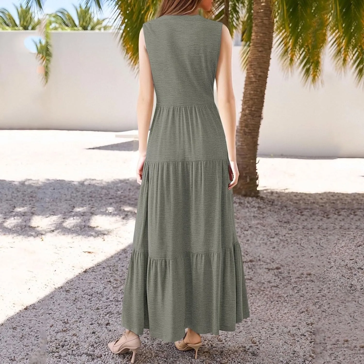 Summer Dresses for Women 2025 Casual Boho Maxi Sundresses Sleeveless V-Neck Pleated Dresses Beach Vacation Tank Dress