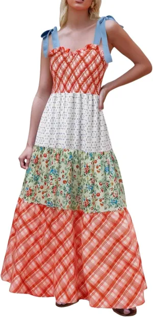 Summer Maxi Dresses for Women 2025 Floral Cottagecore Clothes Beach Vacation Sleeveless Tie Shoulder Long Sundress