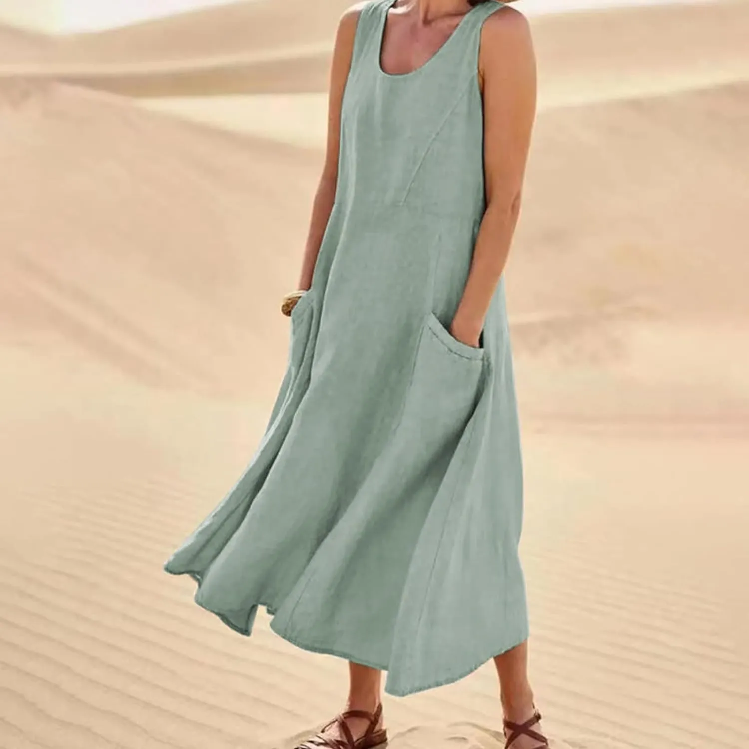 Sun Dresses for Women Casual Beach Plus Size Trendy Summer Linen V Neck T Shirt Dress Baggy Sleeveless Maxi Sundress