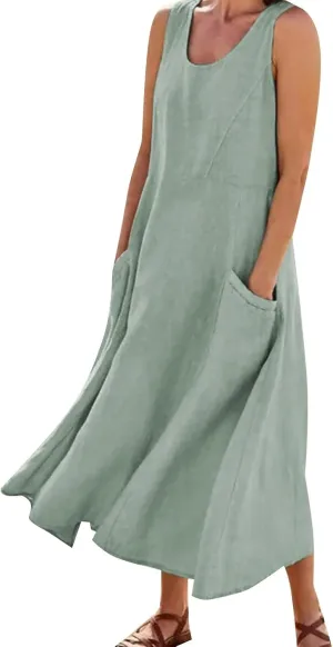 Sun Dresses for Women Casual Beach Plus Size Trendy Summer Linen V Neck T Shirt Dress Baggy Sleeveless Maxi Sundress
