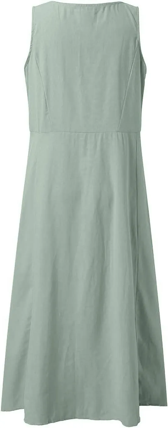 Sun Dresses for Women Casual Beach Plus Size Trendy Summer Linen V Neck T Shirt Dress Baggy Sleeveless Maxi Sundress