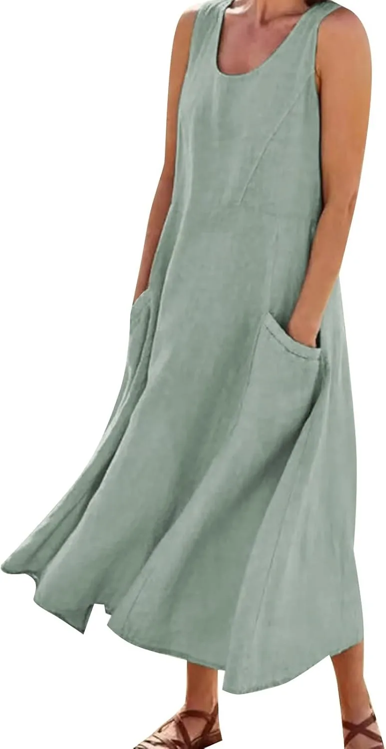 Sun Dresses for Women Casual Beach Plus Size Trendy Summer Linen V Neck T Shirt Dress Baggy Sleeveless Maxi Sundress