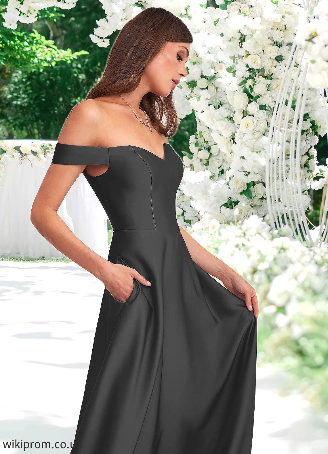 Trudie Off Shoulder Dropwaist Stretch Satin Ball Gown black SWKP0022726