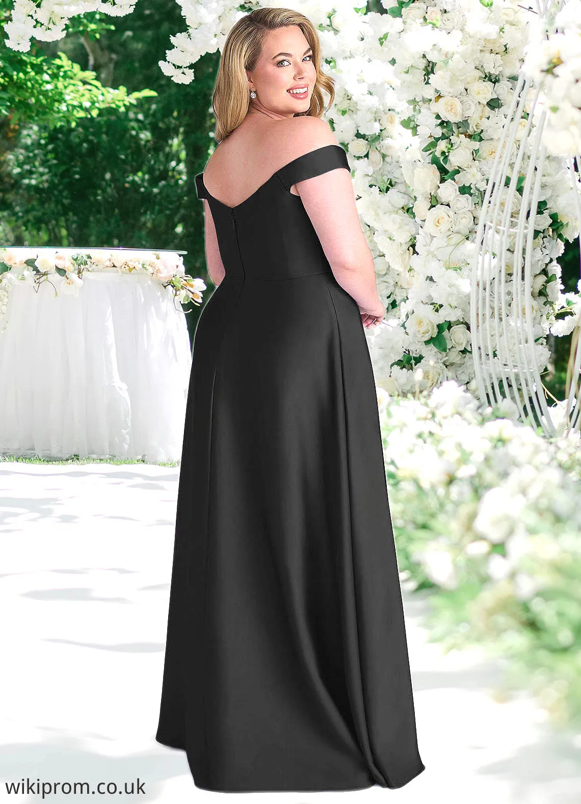 Trudie Off Shoulder Dropwaist Stretch Satin Ball Gown black SWKP0022726