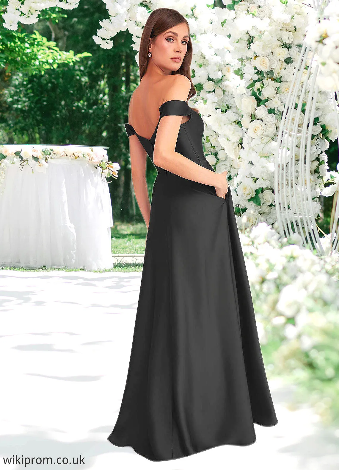 Trudie Off Shoulder Dropwaist Stretch Satin Ball Gown black SWKP0022726