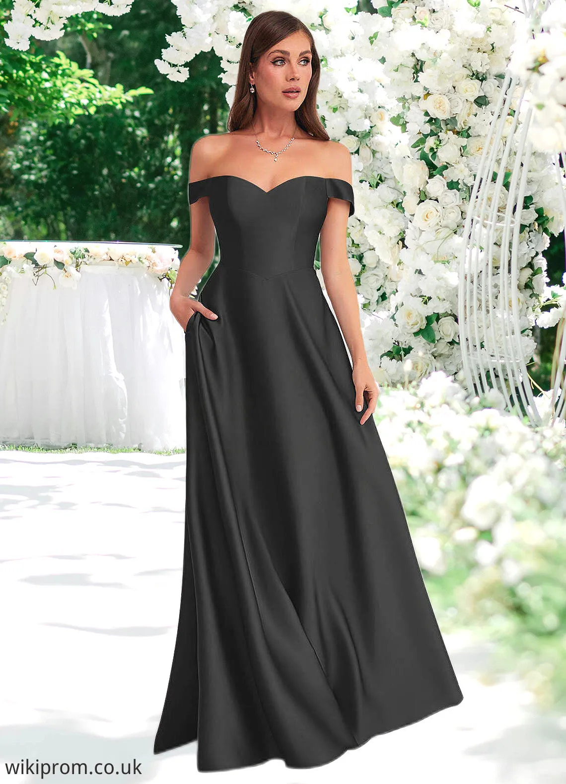 Trudie Off Shoulder Dropwaist Stretch Satin Ball Gown black SWKP0022726