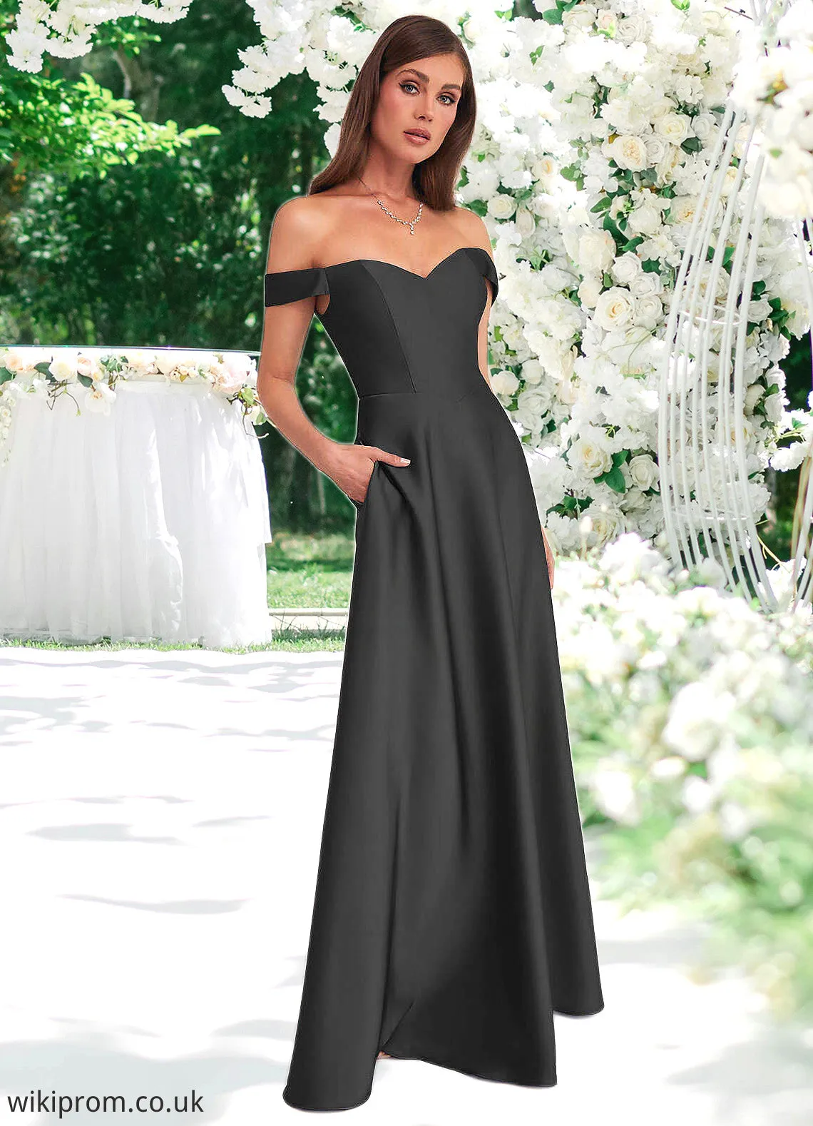 Trudie Off Shoulder Dropwaist Stretch Satin Ball Gown black SWKP0022726