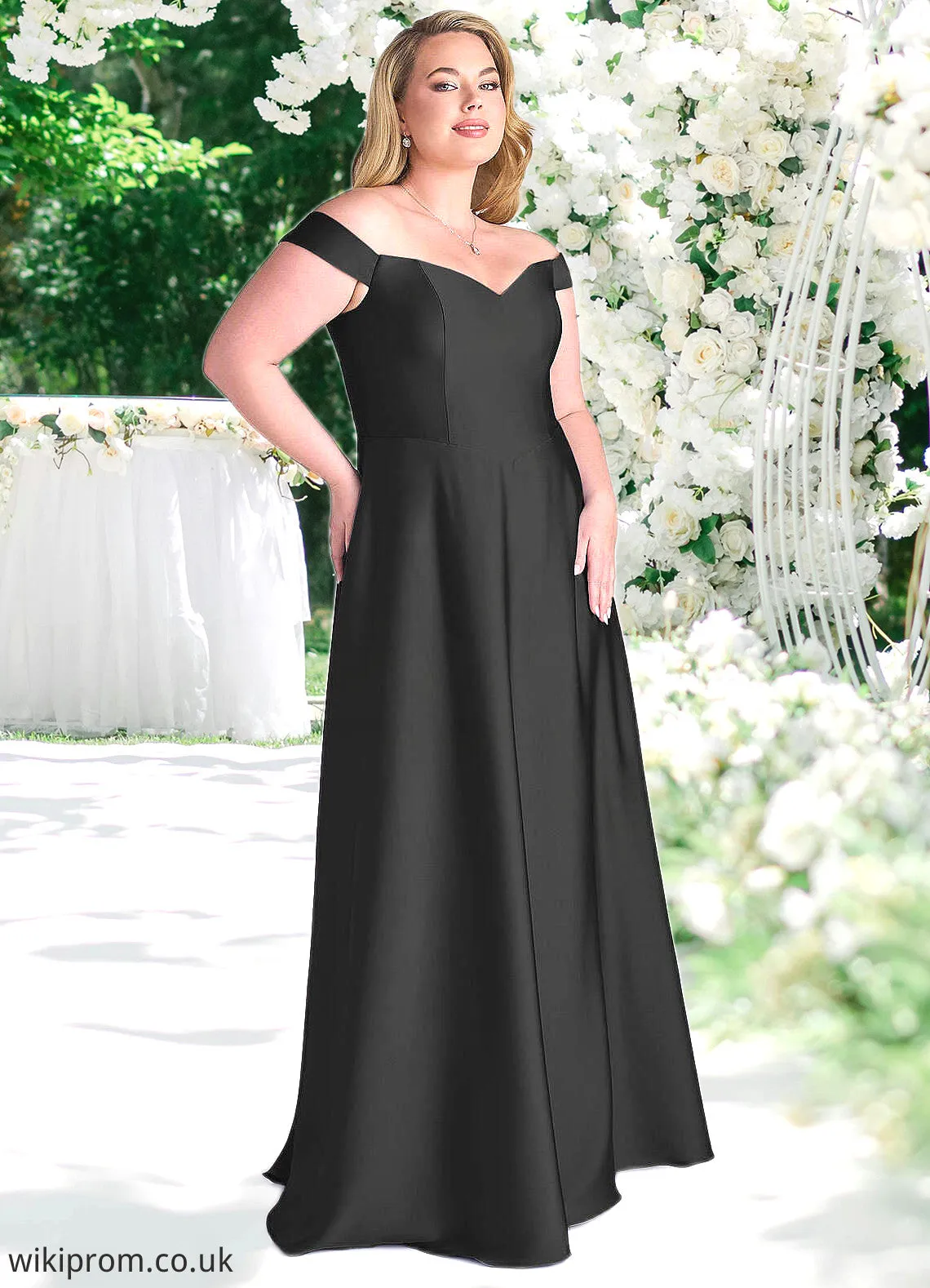 Trudie Off Shoulder Dropwaist Stretch Satin Ball Gown black SWKP0022726