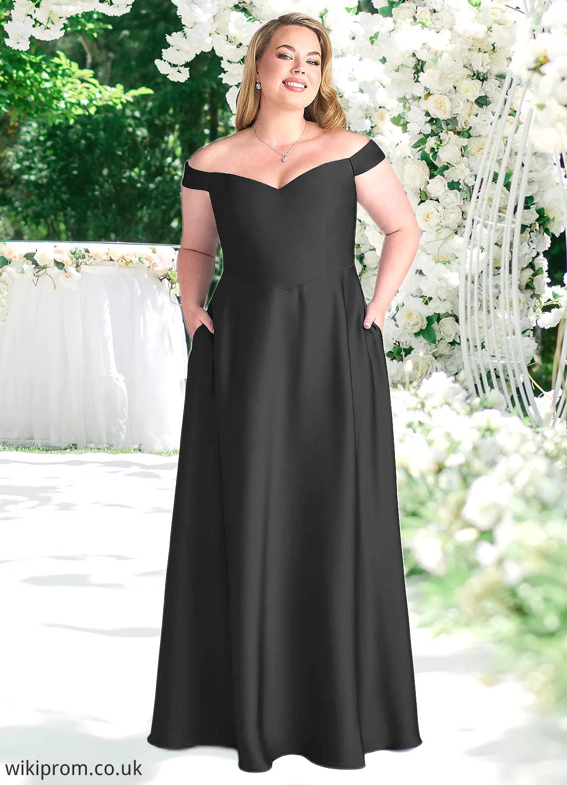 Trudie Off Shoulder Dropwaist Stretch Satin Ball Gown black SWKP0022726