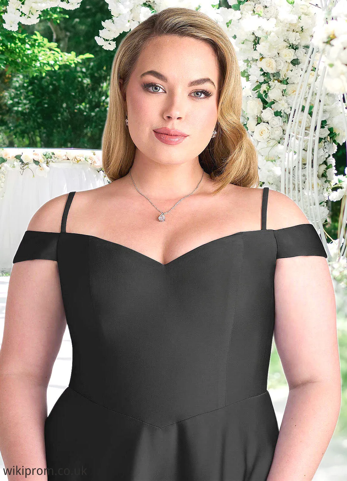 Trudie Off Shoulder Dropwaist Stretch Satin Ball Gown black SWKP0022726