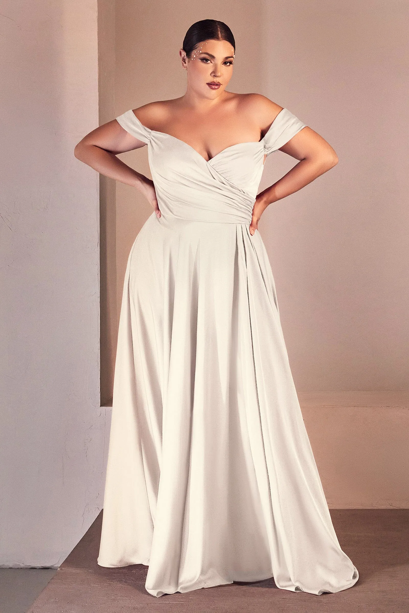 White Long Off Shoulder Satin Dress by Ladivine 7493W