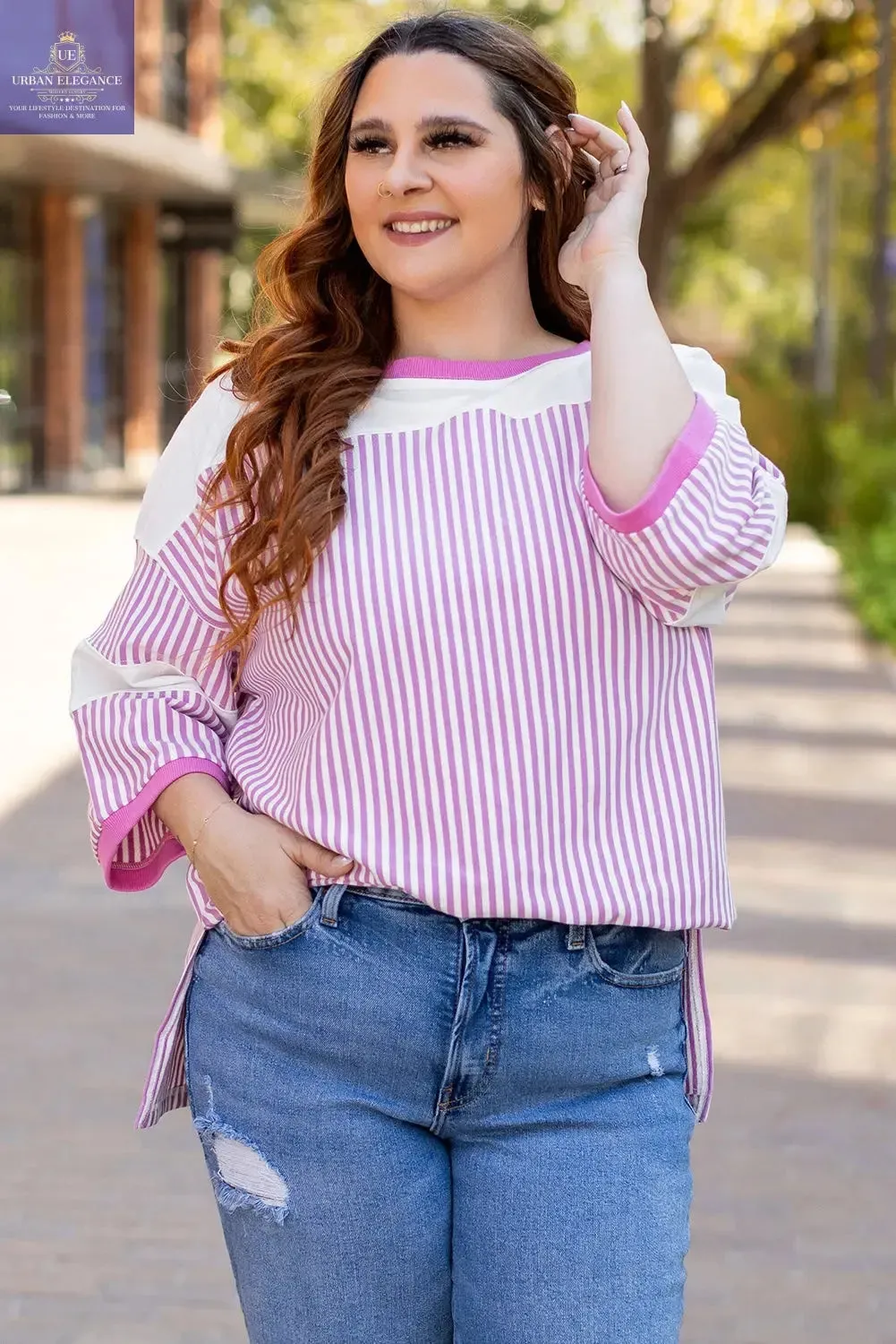 White Stripe Patchwork Plus Size T-Shirt
