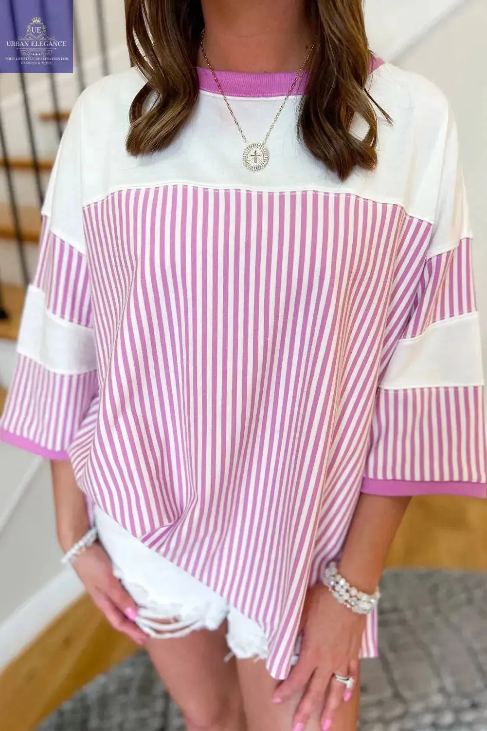 White Stripe Patchwork Plus Size T-Shirt