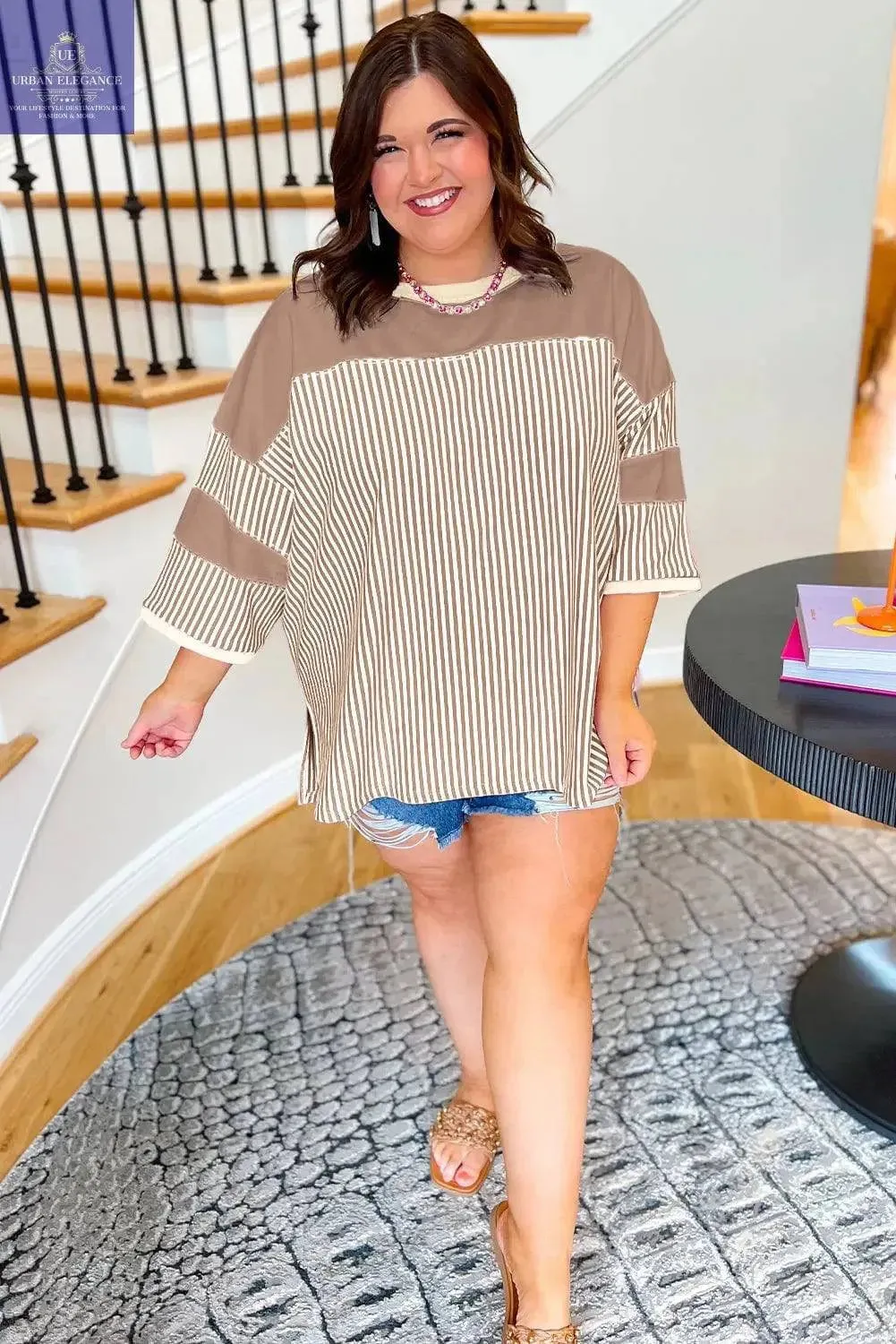 White Stripe Patchwork Plus Size T-Shirt