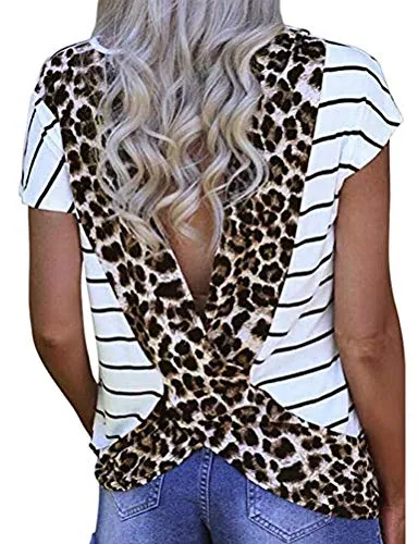 Women Fashion Striped T-Shirt Leopard Open Back T-Shirt