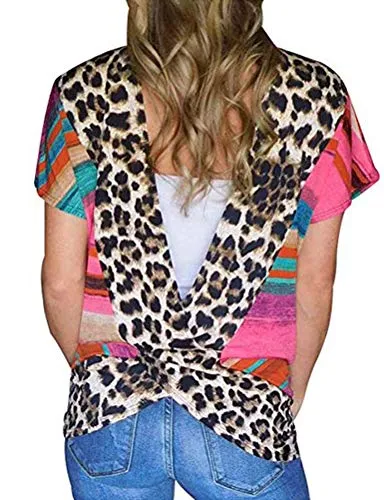 Women Fashion Striped T-Shirt Leopard Open Back T-Shirt