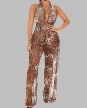 WOMEN "Fierce Sheer Animal Print Backless Jumpsuit"