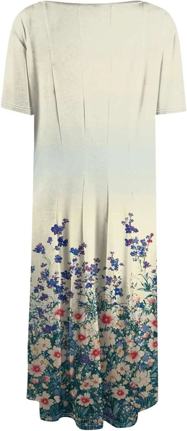 Women's Boho Dress Summer Casual Loose Trendy Short Sleeve Crew Neck Floral Print Midi Dresses 2025 Plus Size, S-3XL
